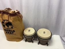 World Beat Percussion Bongo Drum Set in oak Finish with Rawhide Drum Heads w bag