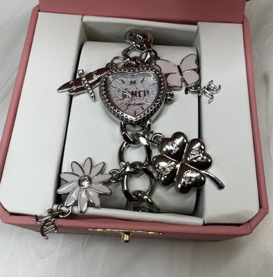Juicy Couture Silver Tone Charm Bracelet Heart Watch Butterfly
