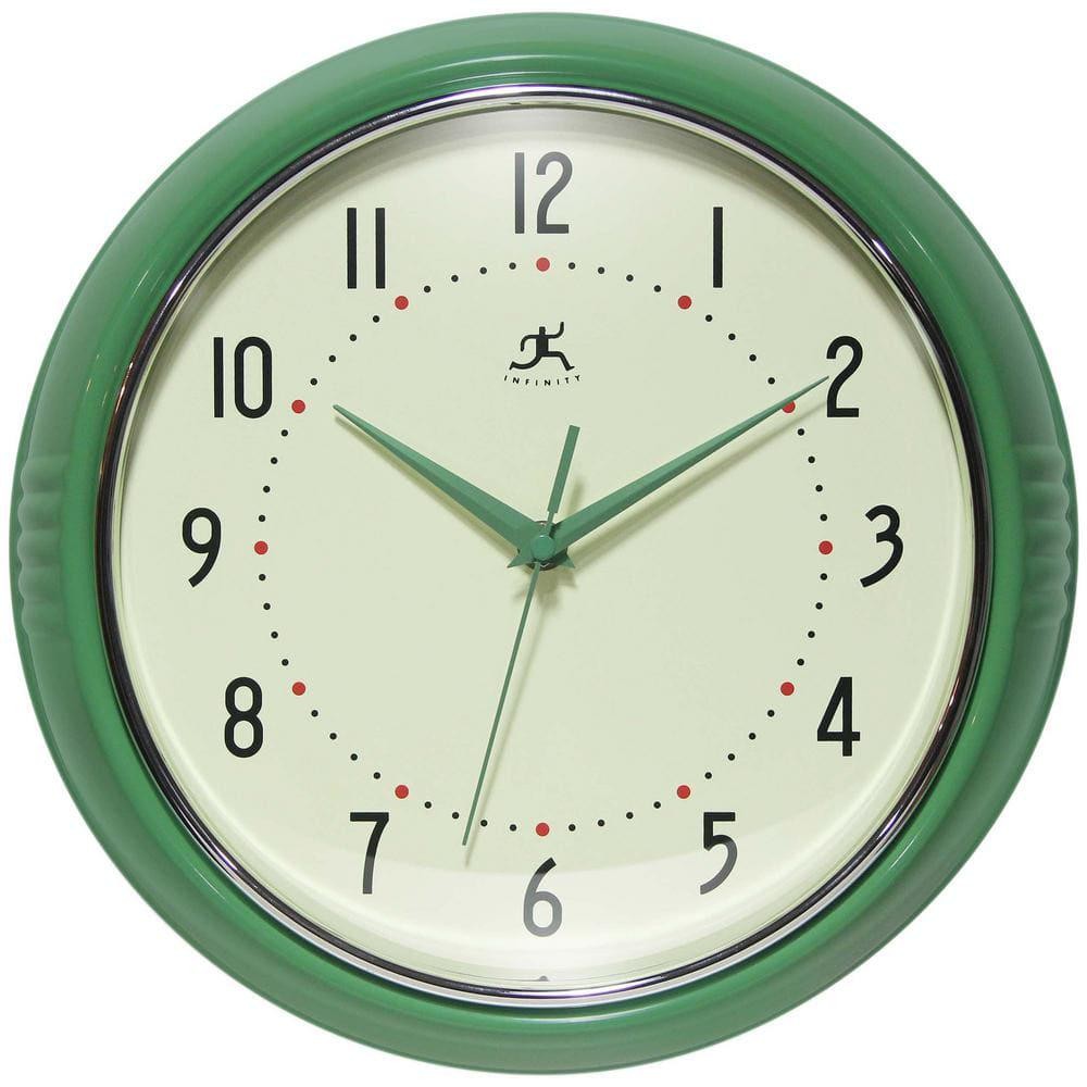 Infinity Instruments Wall Clock 12" Round Green Aluminum Retro Quartz Silent