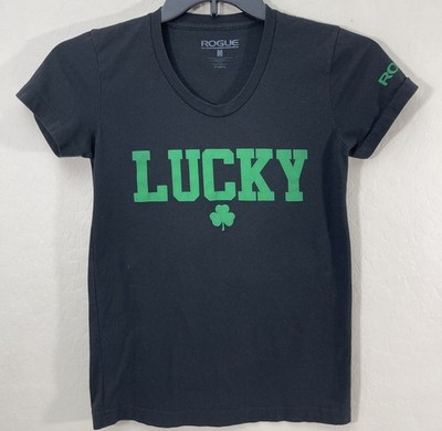 Rogue Fitness T-Shirt Womens M Black Lucky Clover Spellout Shamrock Graphic Gym