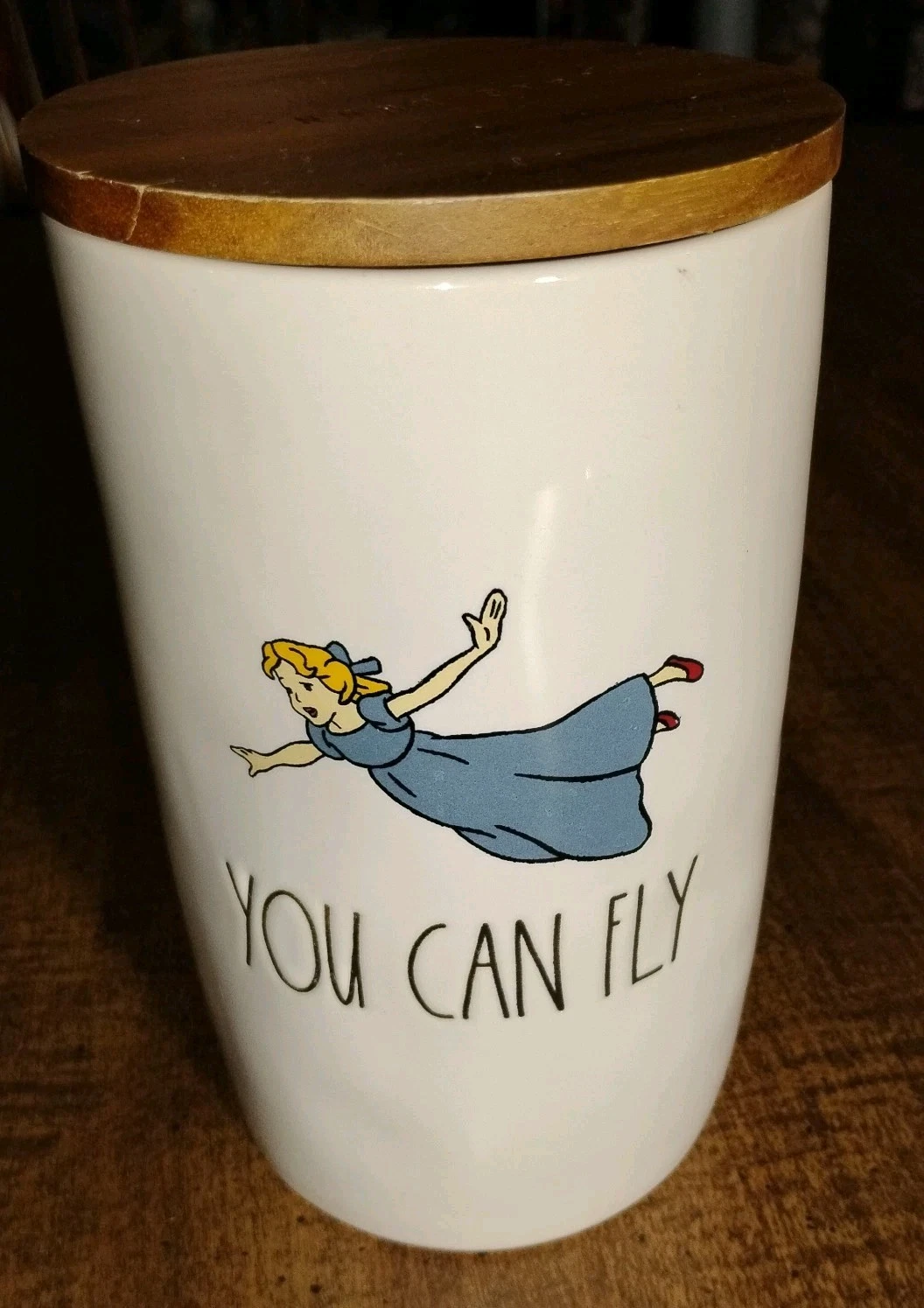 Rae Dunn Artisan Disney PETER PAN You Can Fly Ceramic Canister with Wood Lid