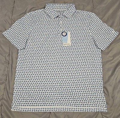 Kenneth Cole Golf Polo Mens L Blue Mandarin Red Crabs Print Performance