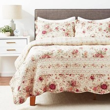 NEW CLASSIC ANTIQUE REVERSIBLE COTTAGE YELLOW PINK RED GREEN ROSE LEAF QUILT SET
