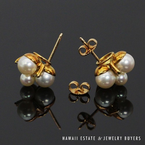 Mikimoto 18K Yellow Gold Pearl and Diamond Cluster Stud Earrings *3192-09 - Picture 8 of 14