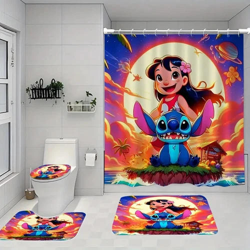 Lio & Stitch Four-Piece Bathroom Set: Shower Curtain, Mat, Toilet Seat Cover