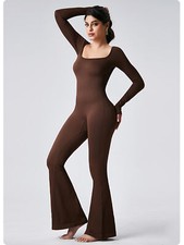 Womens Long Sleeve Jumpsuit Full Bodysuit Yoga Workout Sports Square Neck