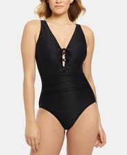 Swim Solutions Solid Textured Lace-Front One-Piece Swimsuit, Size 18, MSRP 99