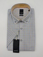 Pure Kurzarm Hemd Gr. L 42 Button-Down Kragen Blau Gelb Kariert Modern Fit
