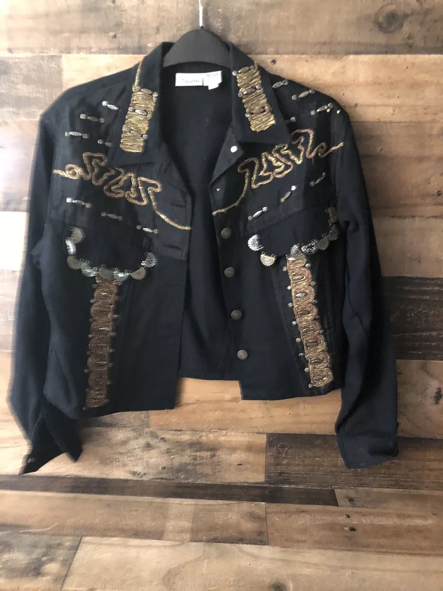STYLEWORKS Women’s Studded Denim Jean Jacket Black Embroidered Size Small