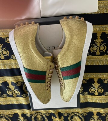 NEW 100% AUTH GUCCI BAMBI GLITTER METALLIC GOLD SNEAKERS SHOES G