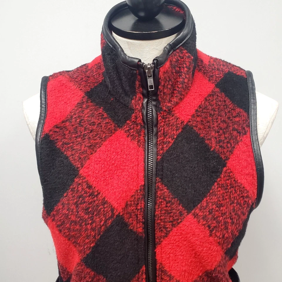 Chaleco Jolt Cremallera Completa Rojo Negro Cuadros con Bolsillos Bordados de Cuero Sintético Para Mujer Pequeño Foto 2 de 4