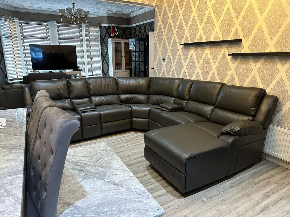 Leather Corner Sofa With Cupholders Chaise Storage Recliner