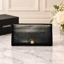 Authentic Chanel Black Caviar Leather CC Long Bifold Wallet Gold Tone