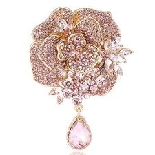 Sparkly Crystal Pink Rhinestone Flower Brooch Rose Gold Pin Spring SummerJewelry