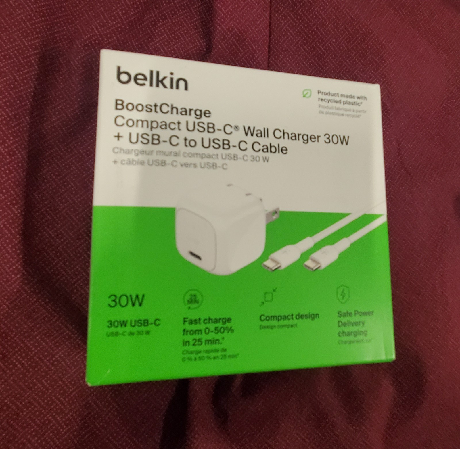 Belkin Compact USB-C Wall Charger 30W + USB-C To USB-C Cable Fast Charge