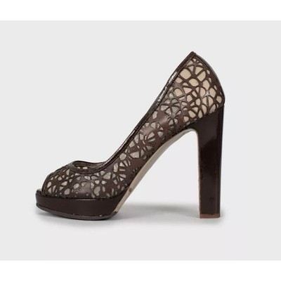 Valentino Perforated Leather Open-Toe Pumps - Brown, Sz 36.5