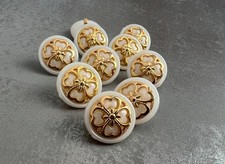 10 Vintage Dainty Flower Shank Buttons 15mm Gold White Quatrefoil Motif Rosette