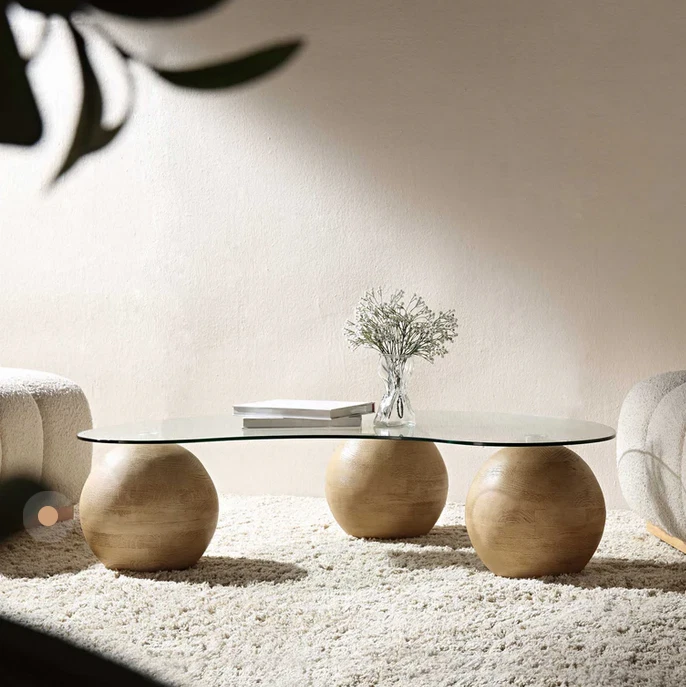 Luxury Glass Coffee Table with Ball Base | Sveti Curved Glass Coffee Table Decor - Image 2 of 4