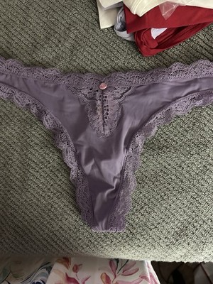 Victoria Secret Thong Silky Dusty Purple Rosebud Trim Lace Size Medium