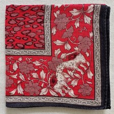 VTG Handkerchief Red Cotton Leopard Border Folklore Animal Pocket Square 19" B