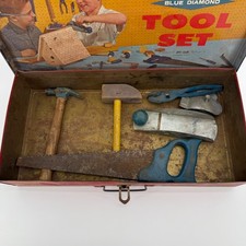 Set attrezzi latta giocattolo vintage pratico Andy Blue Diamond con strumenti reali anni 50 USA