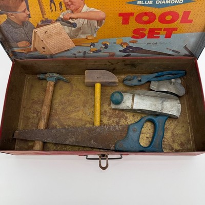 Vintage Handy Andy Blue Diamond Toy Tin Tool Set W Real Tools 50's USA