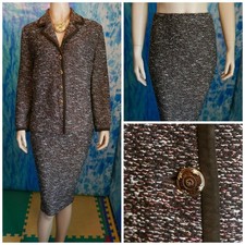 St. John Collection Brown Red Jacket Skirt L 12 10 2pc Suit Buttons Suede Trim