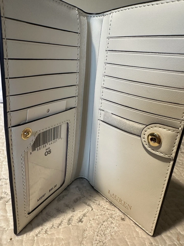 NUEVO CON ETIQUETAS Cartera Ralph Lauren Cuero Blanco Negro Lunares Estuche para Tarjetas Cartera Foto 2 de 4