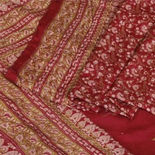 Sanskriti Vintage Red Printed Sarees Pure Silk Soft Sari Floral 5Yd Craft Fabric