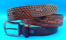 Horse Theme running jumping Tooled Leather Belt Men's Women's size 37 - 41 inch