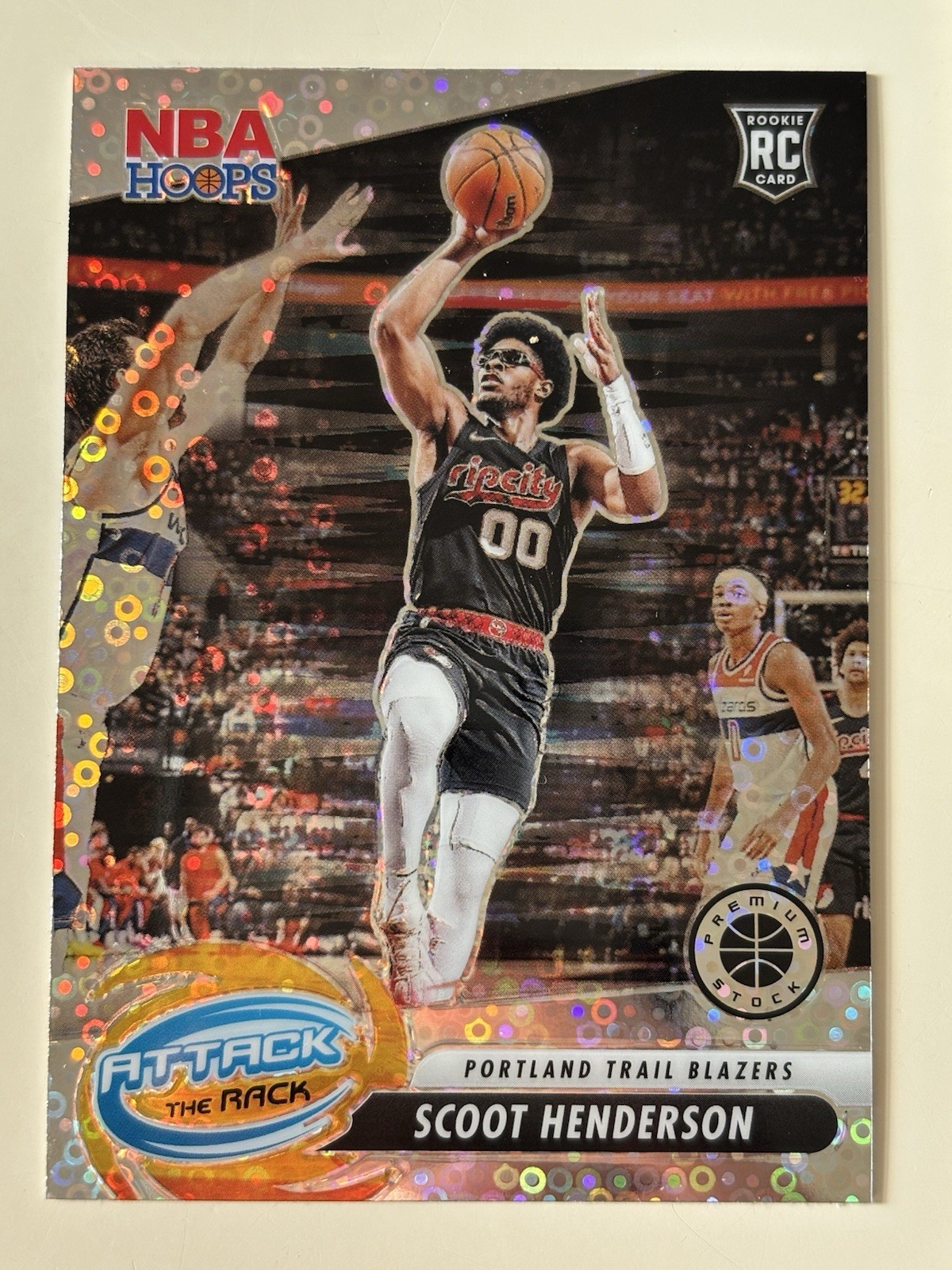 2023-24 Hoops Premium Stock - Attack the Rack Disco Scoot Henderson #6 (RC)