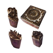 Floral Brass Wooden Printing Stamps Fabric, Clay, Pottery Block Set of 4 