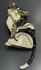 Lunch At The Ritz LATR 2GO Kitty Cat Brooch Gold Tone Enamel Crystal 4 1/8”