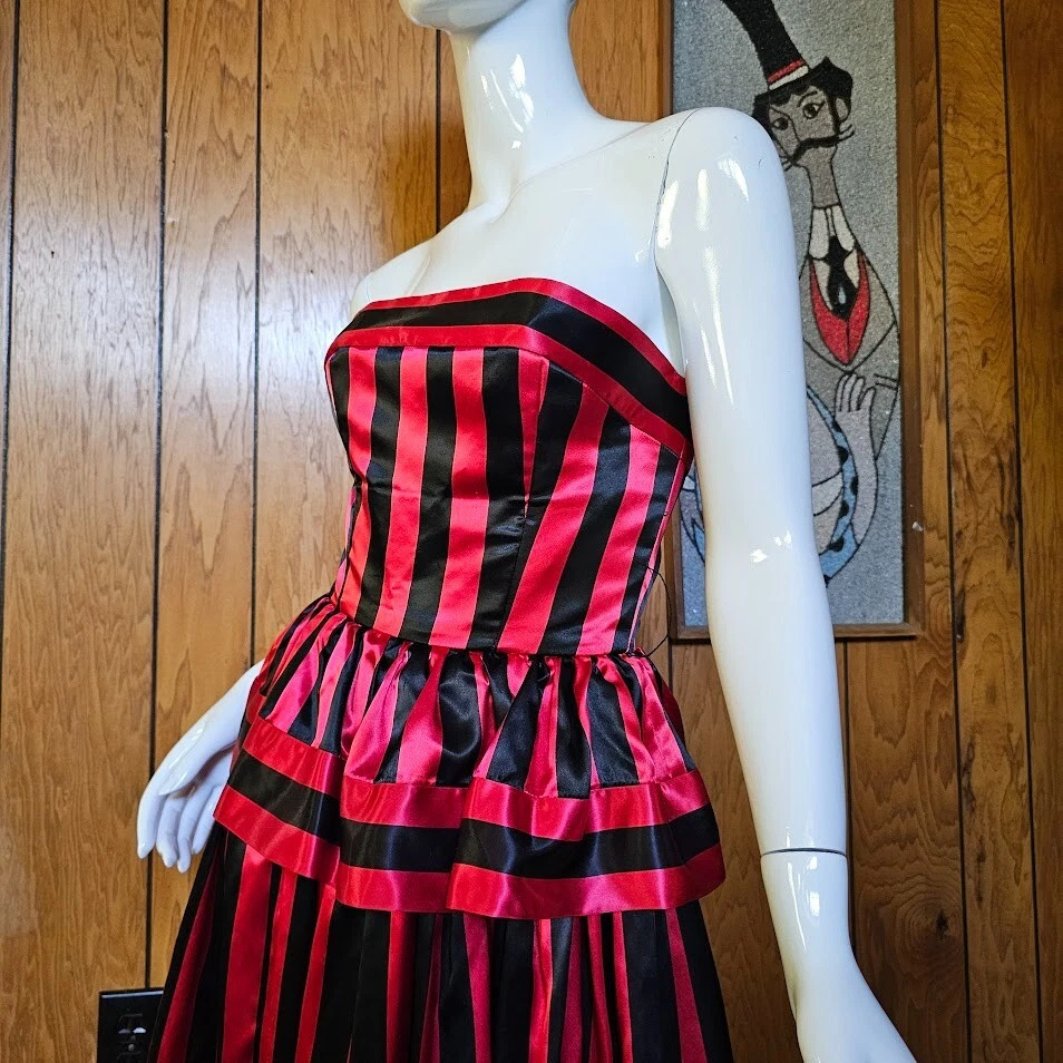 Vtg 80s Victor Costa Red Black Stripes Formal Evening Peplum Dress Ball Gown S - Image 3 of 4