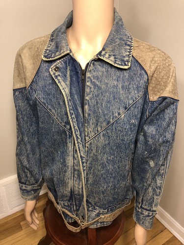 VTG 80s Prezzia Denim Jacket Leather 