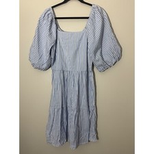 Beachlunchlounge Striped Dress Tiered Puff Sleeve Square Neck Blue Size M