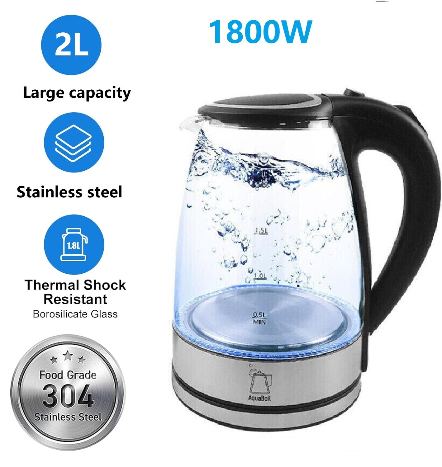 HOMELUX Bollitore In Vetro, 1,8 L, Con LED Blu E Filtro, Bollitore - Foto 11