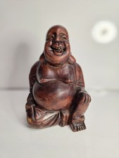 VINTAGE CHINESE HAND CARVED WOOD BUDDHA STATUE FIGURINE HAPPY BUDDHA Smiling