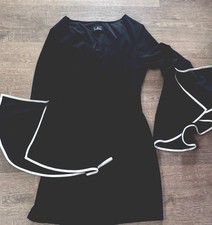 Lulus Black White Shift Dress XL V-Neck Bell Sleeve Contrast Trim Long Sleeve