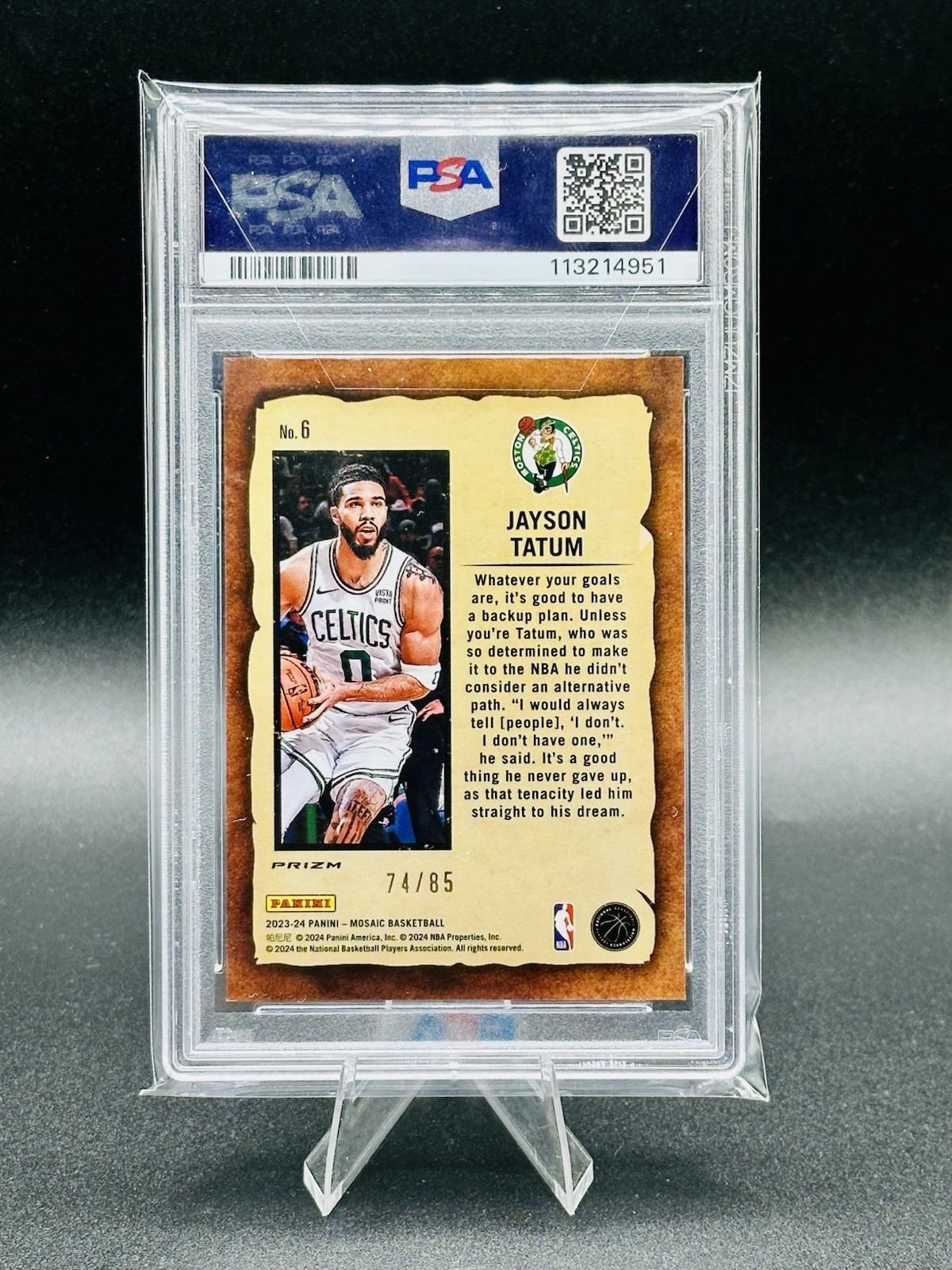 2023 Panini Mosaic #6 Notoriety Blue Fast Break Jayson Tatum /85 PSA 10 view 2