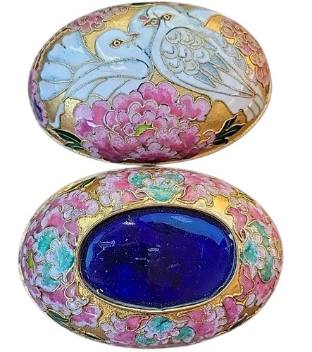 Vtg Love Birds Floral Oval Shaped Enamel Cloisonne Trinket Box - Picture 6 of 6