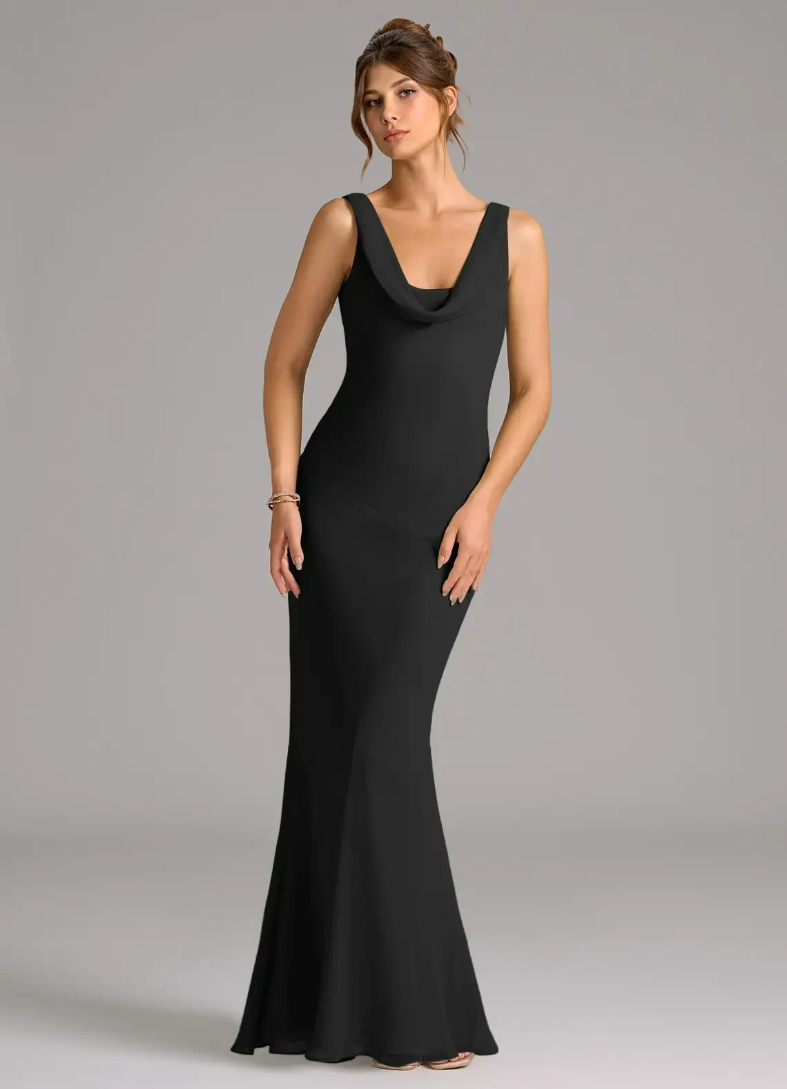 NWT Azazie Rylina Black Mermaid Pleated Chiffon Dress in Black | A2