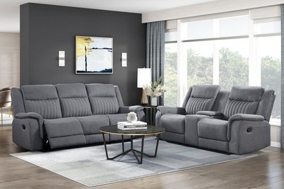 NEW 2PC Sofa and Loveseat Gray Microfiber Modern Living Room Recliner Set