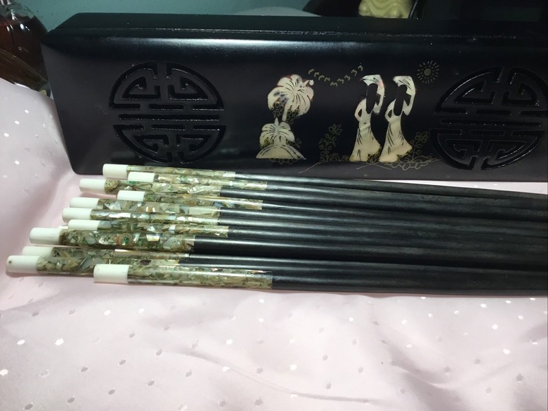 VintageJapanese 19 Lacquer Abalone Hair Stick Set in Black Lacquer Box