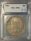 1922 Peace Dollar ICG Silver VF30 S$1 - Very Fine