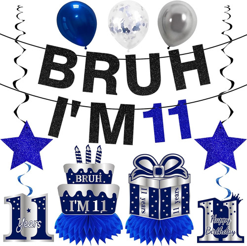 11Th Birthday Decorations for Boys, Bruh I'M 11 Party Supplies | 11Pcs Blue Sliv