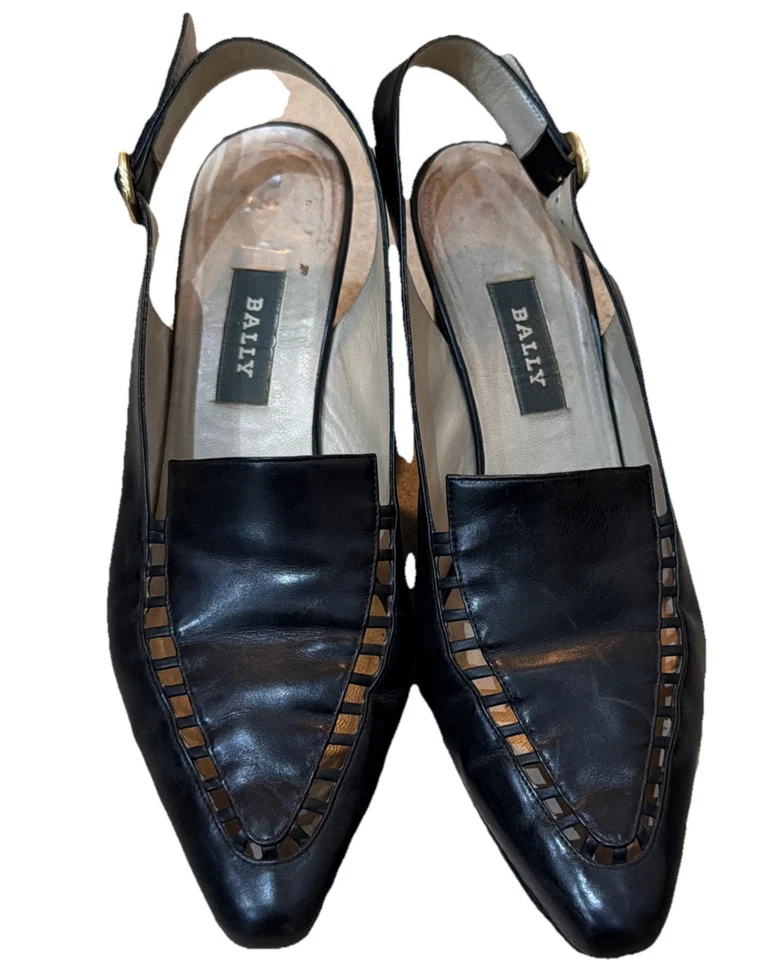 Zapatos de tacón vintage BALLY Italia cuero negro Briana con cordones recortados 10M Foto 2 de 4