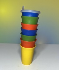 Tupperware Bell Tumblers Cups Vintage Set of 7  1 Lid Yellow Orange Blue Green