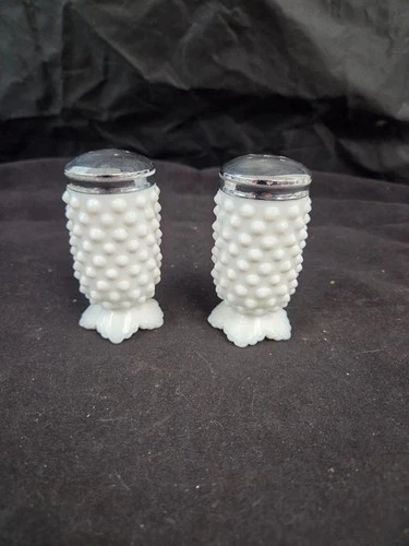 Vintage Fenton Hobnail White MCM Milk Glass Salt & Pepper Shakers Footed #3609