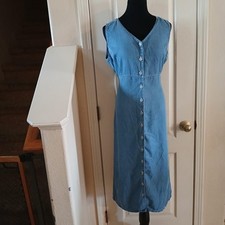 Y2K 90s Vintage Sleeveless Button Front V-Neck Denim Midi Dress Jumper 10 Basic